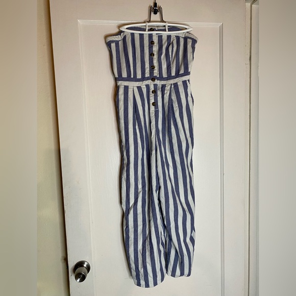 American Eagle Strapless Jumpsuit Blue White Striped Seersucker Tube Top Romper - Picture 3 of 14